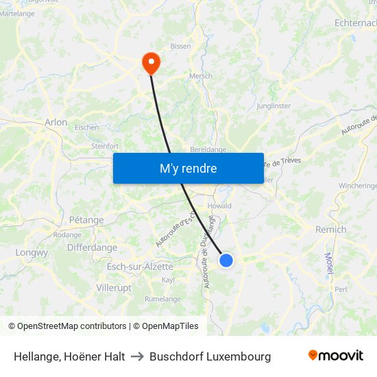 Hellange, Hoëner Halt to Buschdorf Luxembourg map