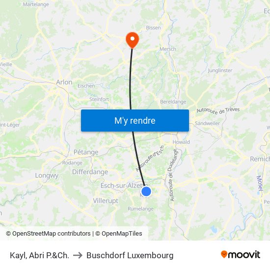 Kayl, Abri P.&Ch. to Buschdorf Luxembourg map
