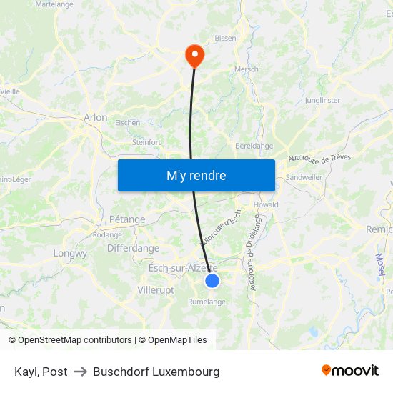 Kayl, Post to Buschdorf Luxembourg map