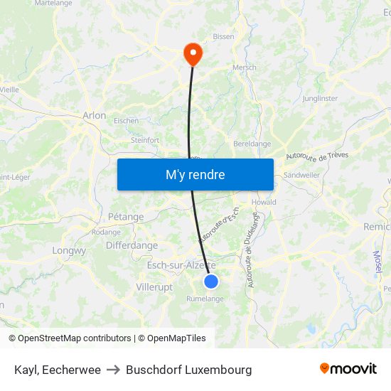 Kayl, Eecherwee to Buschdorf Luxembourg map