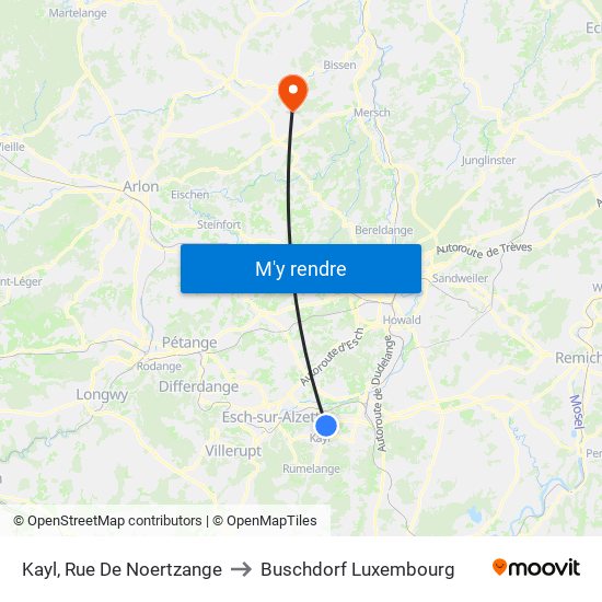 Kayl, Rue De Noertzange to Buschdorf Luxembourg map