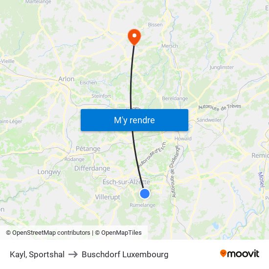 Kayl, Sportshal to Buschdorf Luxembourg map