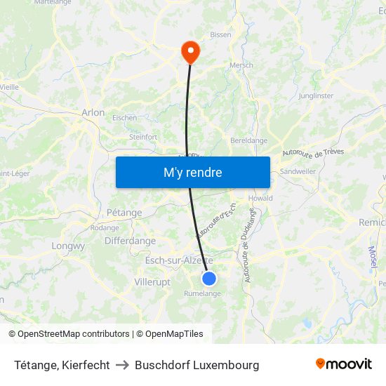 Tétange, Kierfecht to Buschdorf Luxembourg map