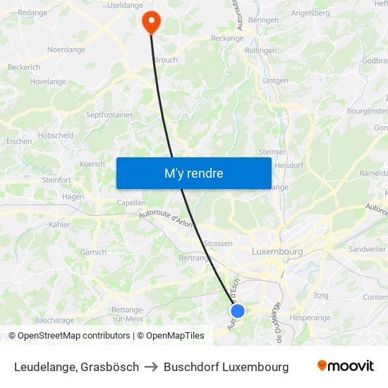 Leudelange, Grasbösch to Buschdorf Luxembourg map