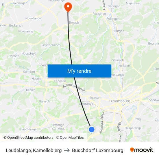 Leudelange, Kamellebierg to Buschdorf Luxembourg map