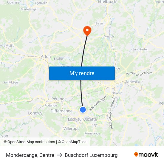 Mondercange, Centre to Buschdorf Luxembourg map