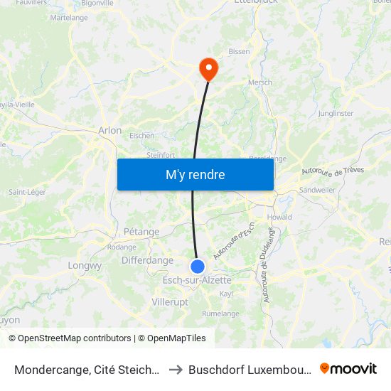 Mondercange, Cité Steichen to Buschdorf Luxembourg map