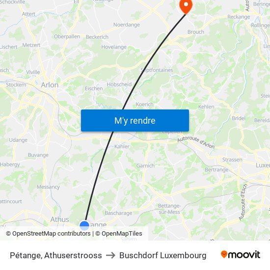 Pétange, Athuserstrooss to Buschdorf Luxembourg map