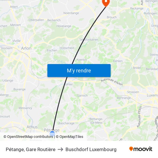 Pétange, Gare Routière to Buschdorf Luxembourg map