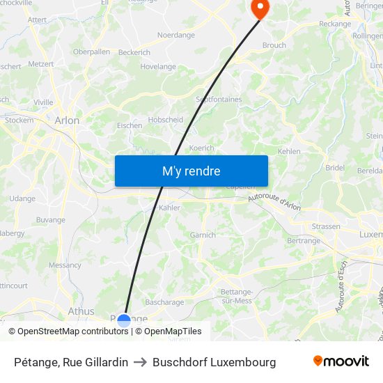 Pétange, Rue Gillardin to Buschdorf Luxembourg map