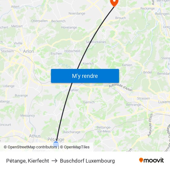 Pétange, Kierfecht to Buschdorf Luxembourg map