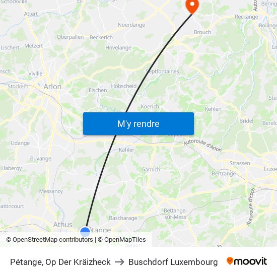 Pétange, Op Der Kräizheck to Buschdorf Luxembourg map