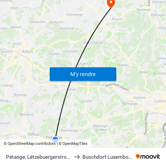 Pétange, Lëtzebuergerstrooss to Buschdorf Luxembourg map