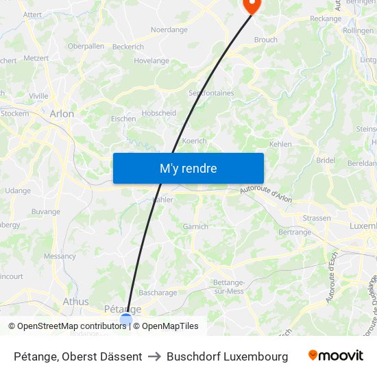 Pétange, Oberst Dässent to Buschdorf Luxembourg map