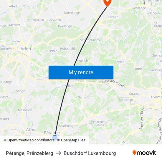 Pétange, Prënzebierg to Buschdorf Luxembourg map