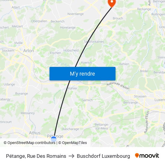 Pétange, Rue Des Romains to Buschdorf Luxembourg map