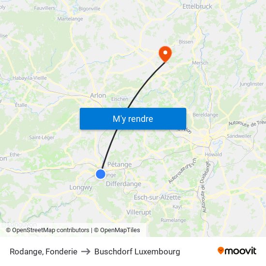 Rodange, Fonderie to Buschdorf Luxembourg map