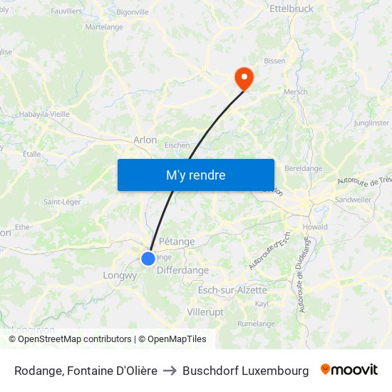 Rodange, Fontaine D'Olière to Buschdorf Luxembourg map