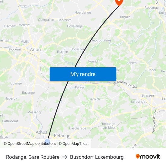 Rodange, Gare Routière to Buschdorf Luxembourg map