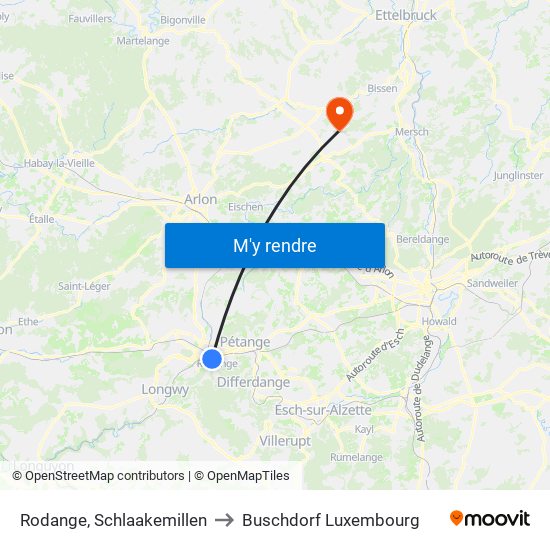 Rodange, Schlaakemillen to Buschdorf Luxembourg map