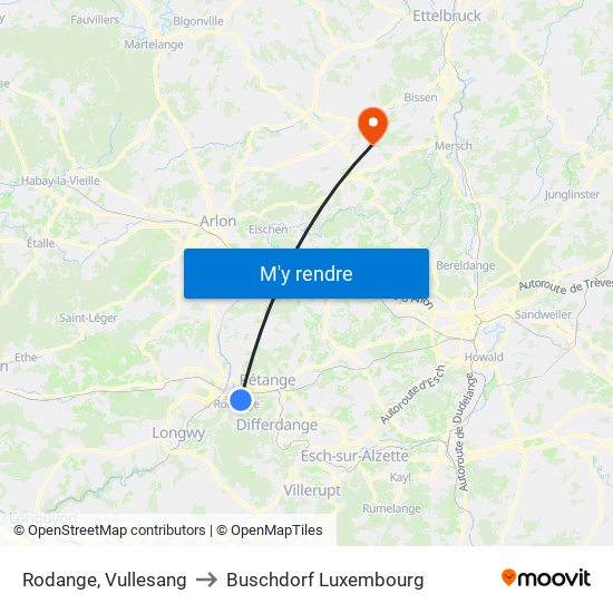 Rodange, Vullesang to Buschdorf Luxembourg map