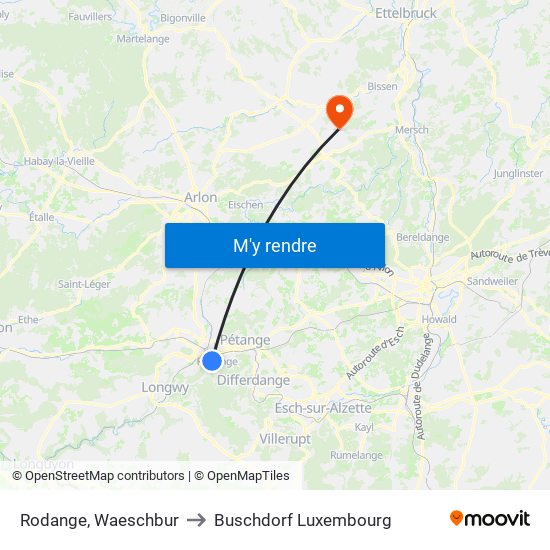 Rodange, Waeschbur to Buschdorf Luxembourg map