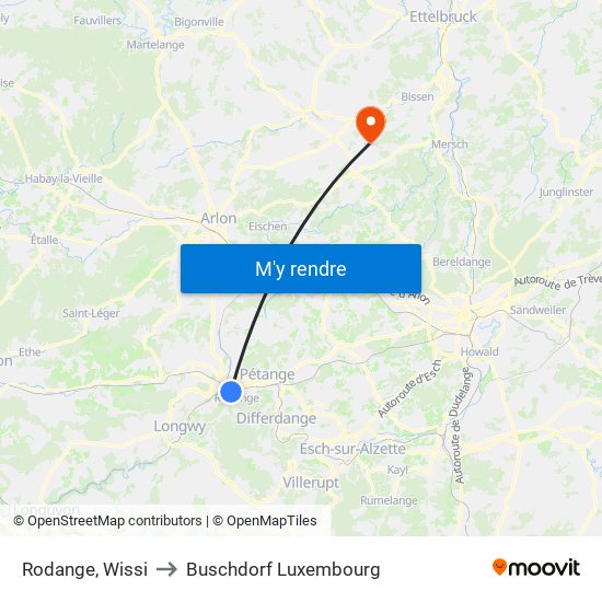 Rodange, Wissi to Buschdorf Luxembourg map