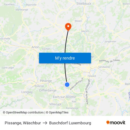 Pissange, Wäschbur to Buschdorf Luxembourg map
