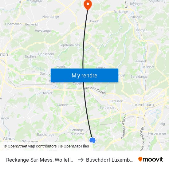 Reckange-Sur-Mess, Wollefskaul to Buschdorf Luxembourg map