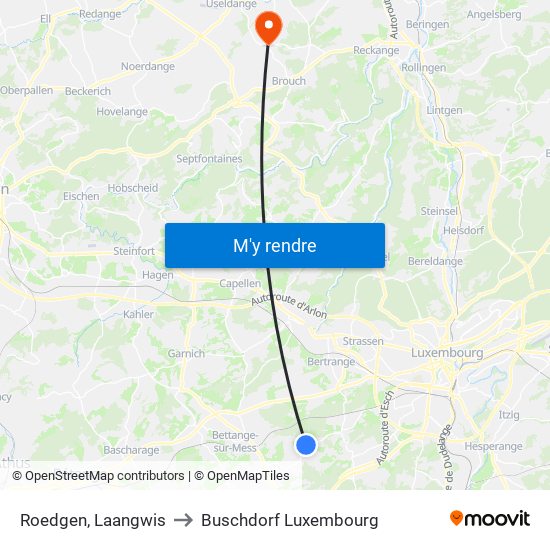 Roedgen, Laangwis to Buschdorf Luxembourg map