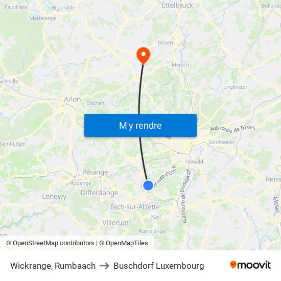 Wickrange, Rumbaach to Buschdorf Luxembourg map