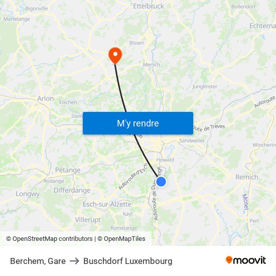 Berchem, Gare to Buschdorf Luxembourg map