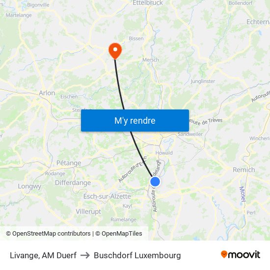 Livange, AM Duerf to Buschdorf Luxembourg map