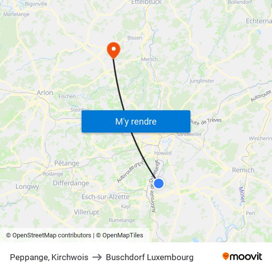 Peppange, Kirchwois to Buschdorf Luxembourg map