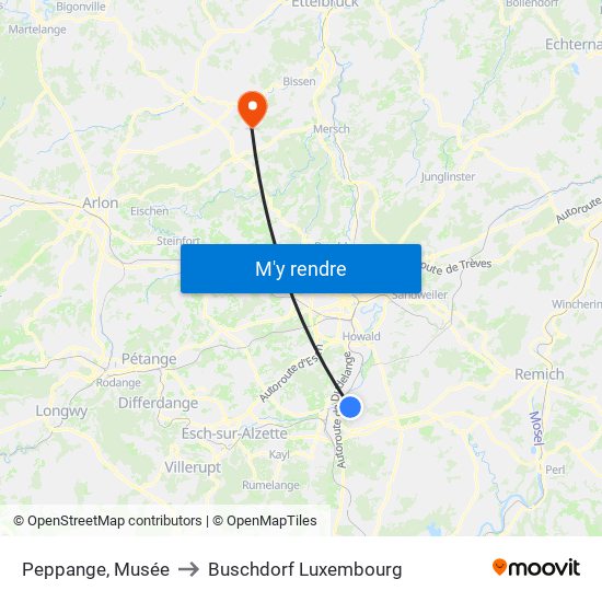 Peppange, Musée to Buschdorf Luxembourg map