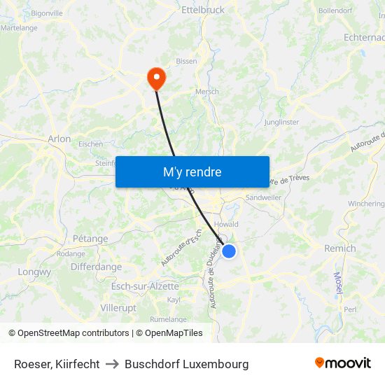 Roeser, Kiirfecht to Buschdorf Luxembourg map