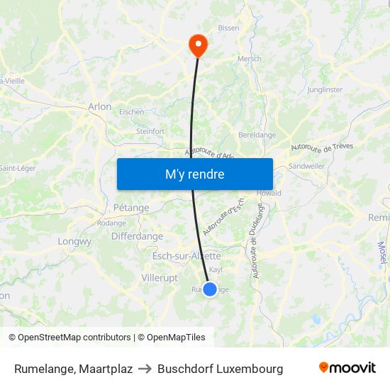 Rumelange, Maartplaz to Buschdorf Luxembourg map