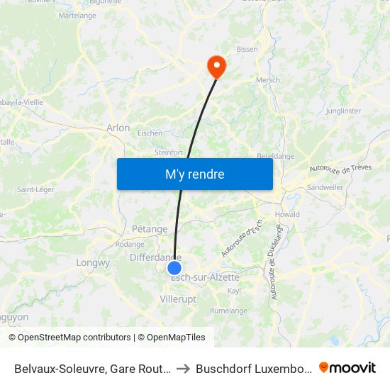 Belvaux-Soleuvre, Gare Routière to Buschdorf Luxembourg map