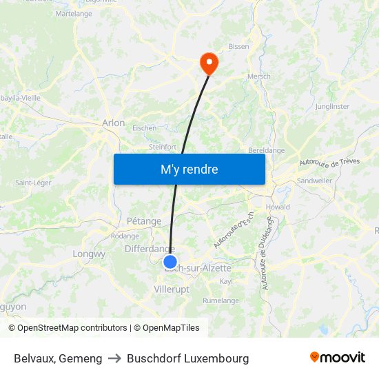 Belvaux, Gemeng to Buschdorf Luxembourg map