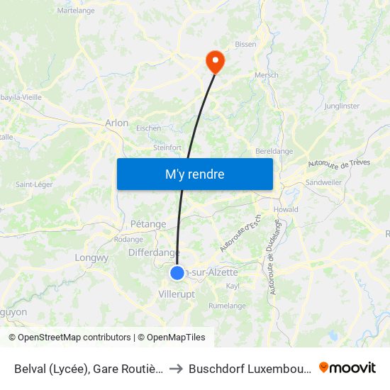 Belval (Lycée), Gare Routière to Buschdorf Luxembourg map