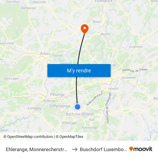 Ehlerange, Monnerecherstrooss to Buschdorf Luxembourg map