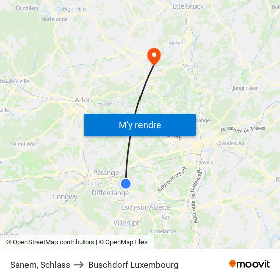 Sanem, Schlass to Buschdorf Luxembourg map