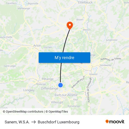 Sanem, W.S.A. to Buschdorf Luxembourg map