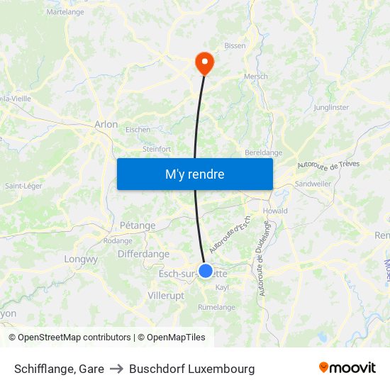 Schifflange, Gare to Buschdorf Luxembourg map