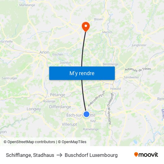 Schifflange, Stadhaus to Buschdorf Luxembourg map