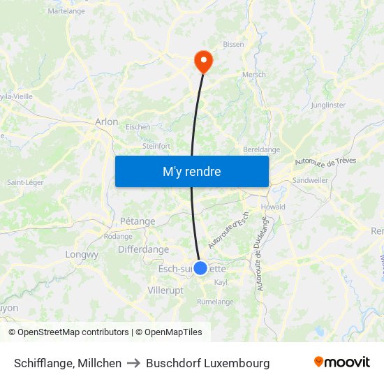 Schifflange, Millchen to Buschdorf Luxembourg map