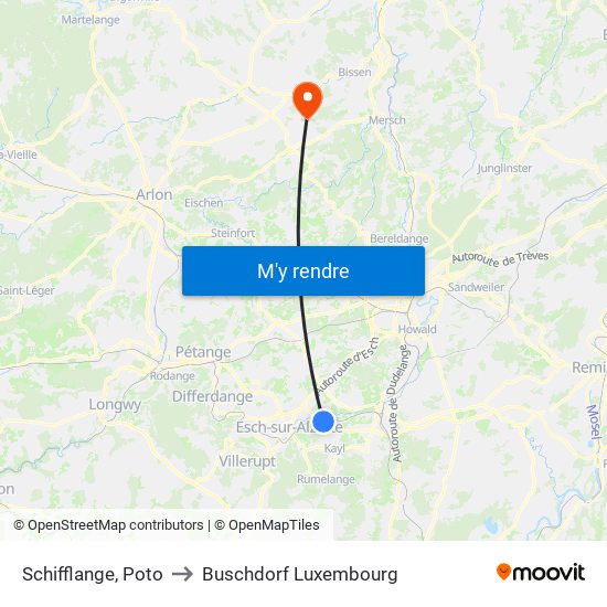 Schifflange, Poto to Buschdorf Luxembourg map