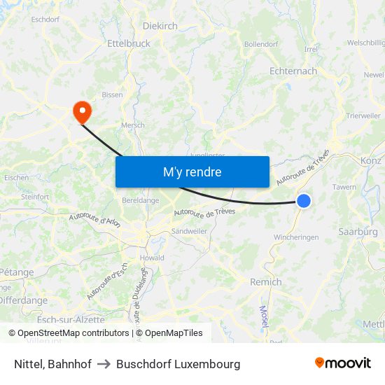 Nittel, Bahnhof to Buschdorf Luxembourg map