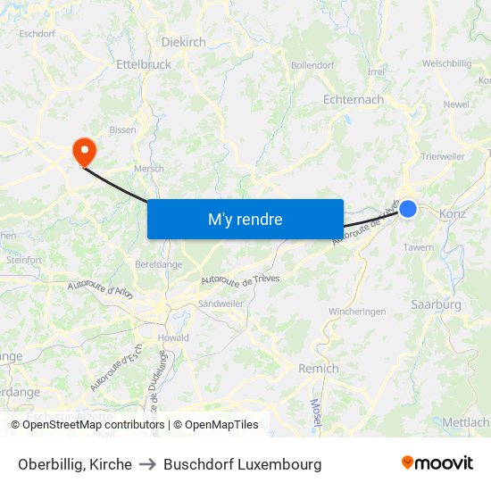 Oberbillig, Kirche to Buschdorf Luxembourg map