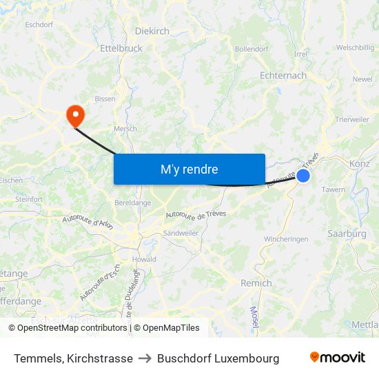 Temmels, Kirchstrasse to Buschdorf Luxembourg map